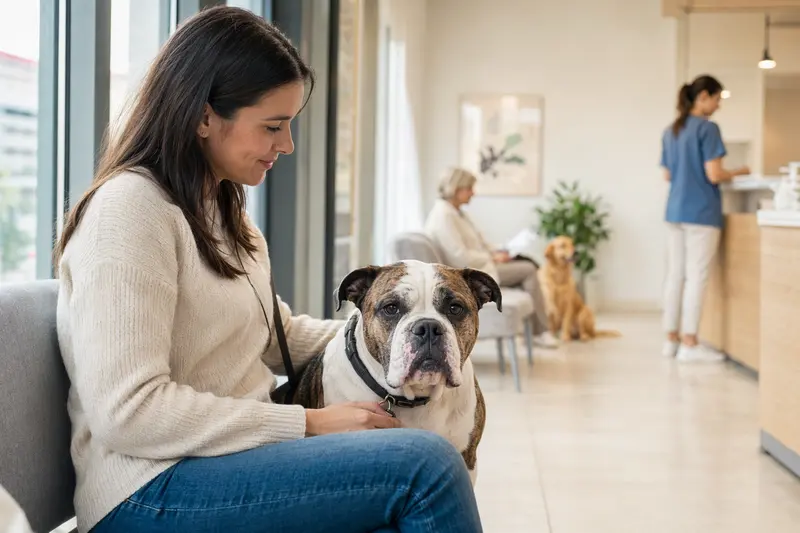 Ein Leavitt Bulldog sitzt ruhig neben seinem Besitzer im hellen Wartezimmer einer modernen Tierarztpraxis.